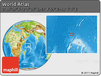Physical Location Map of the Area around 2° 27' 3" S, 53° 37' 30" E