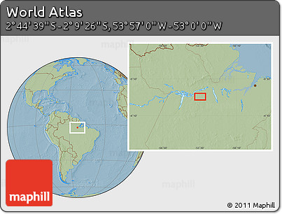 Savanna Style Location Map of the Area around 2° 27' 3" S, 53° 28' 30" W, hill shading