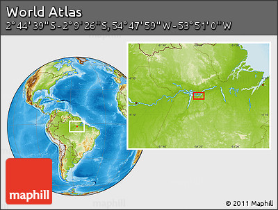 Physical Location Map of the Area around 2° 27' 3" S, 54° 19' 30" W