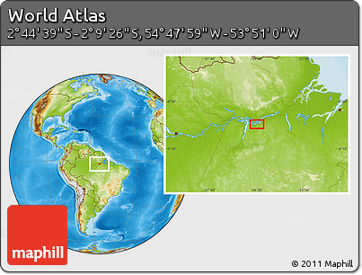 Physical Location Map of the Area around 2° 27' 3" S, 54° 19' 30" W