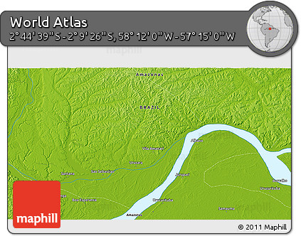 Physical 3D Map of the Area around 2° 27' 3" S, 57° 43' 30" W