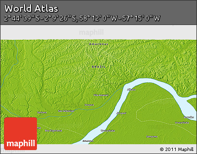 Physical 3D Map of the Area around 2° 27' 3" S, 57° 43' 30" W