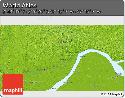 Physical 3D Map of the Area around 2° 27' 3" S, 57° 43' 30" W
