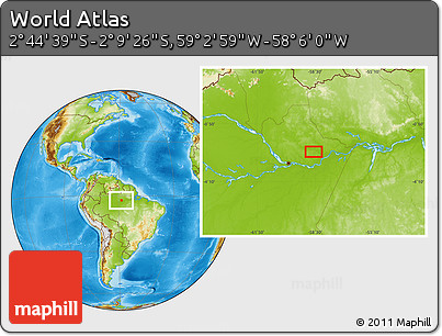 Physical Location Map of the Area around 2° 27' 3" S, 58° 34' 30" W