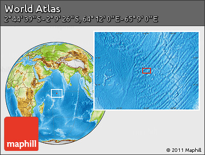 Physical Location Map of the Area around 2° 27' 3" S, 64° 40' 30" E