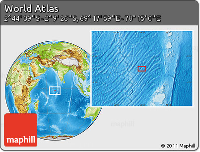 Physical Location Map of the Area around 2° 27' 3" S, 69° 46' 30" E