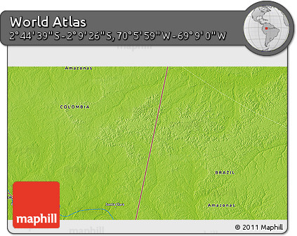 Physical 3D Map of the Area around 2° 27' 3" S, 69° 37' 30" W