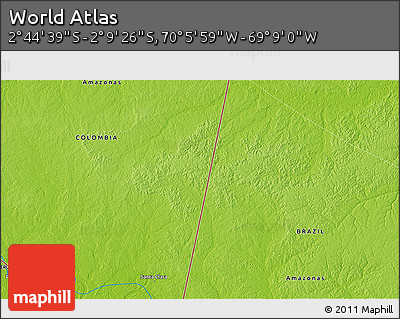 Physical 3D Map of the Area around 2° 27' 3" S, 69° 37' 30" W