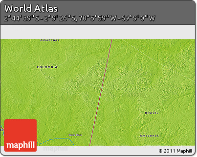 Physical 3D Map of the Area around 2° 27' 3" S, 69° 37' 30" W