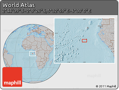 Gray Location Map of the Area around 2° 27' 3" S, 6° 1' 30" E, hill shading