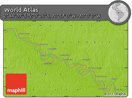 Physical Map of the Area around 2° 27' 3" S, 70° 28' 29" W