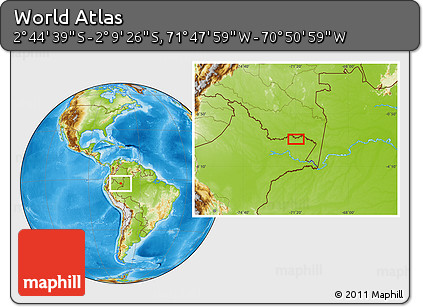 Physical Location Map of the Area around 2° 27' 3" S, 71° 19' 29" W