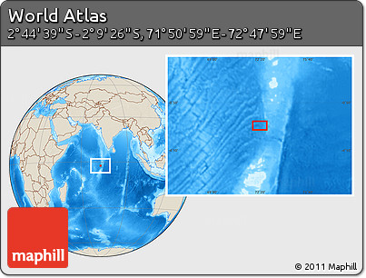 Shaded Relief Location Map of the Area around 2° 27' 3" S, 72° 19' 29" E