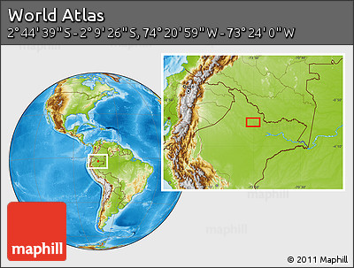 Physical Location Map of the Area around 2° 27' 3" S, 73° 52' 30" W