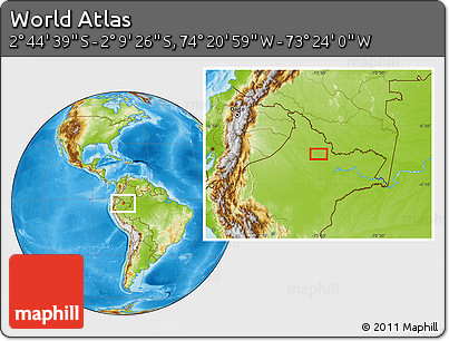 Physical Location Map of the Area around 2° 27' 3" S, 73° 52' 30" W