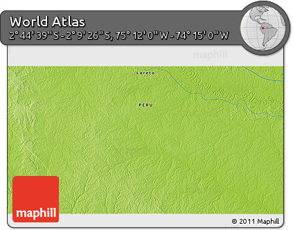 Physical 3D Map of the Area around 2° 27' 3" S, 74° 43' 29" W