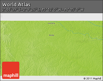 Physical 3D Map of the Area around 2° 27' 3" S, 74° 43' 29" W