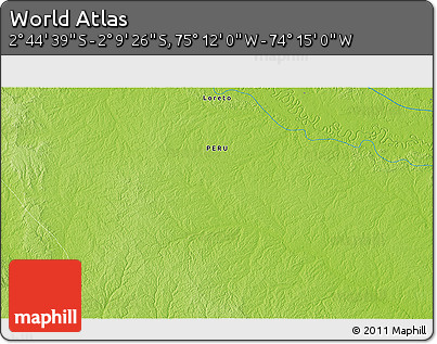Physical 3D Map of the Area around 2° 27' 3" S, 74° 43' 29" W