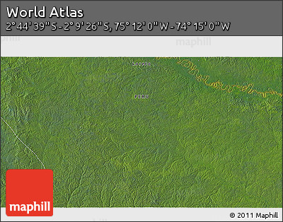 Satellite 3D Map of the Area around 2° 27' 3" S, 74° 43' 29" W