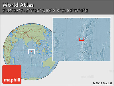 Savanna Style Location Map of the Area around 2° 27' 3" S, 88° 28' 29" E, hill shading