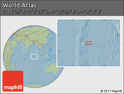 Savanna Style Location Map of the Area around 2° 27' 3" S, 91° 1' 30" E, hill shading