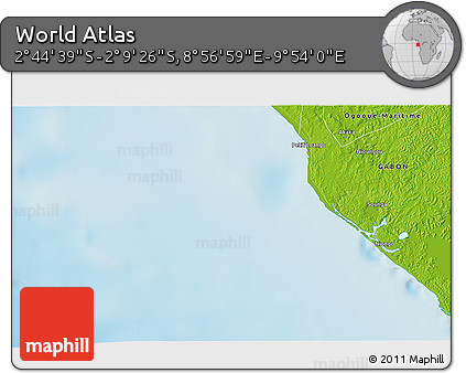 Physical 3D Map of the Area around 2° 27' 3" S, 9° 25' 30" E