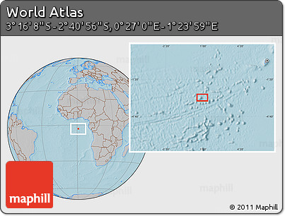 Gray Location Map of the Area around 2° 58' 32" S, 0° 55' 29" E, hill shading