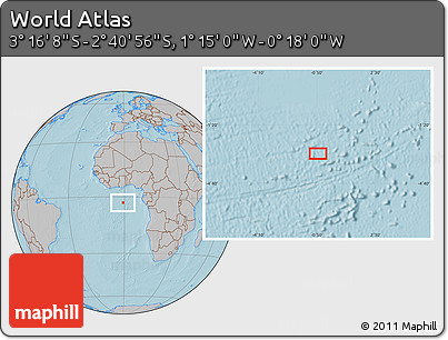 Gray Location Map of the Area around 2° 58' 32" S, 0° 46' 30" W, hill shading