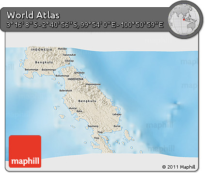 Shaded Relief 3D Map of the Area around 2° 58' 32" S, 100° 22' 30" E