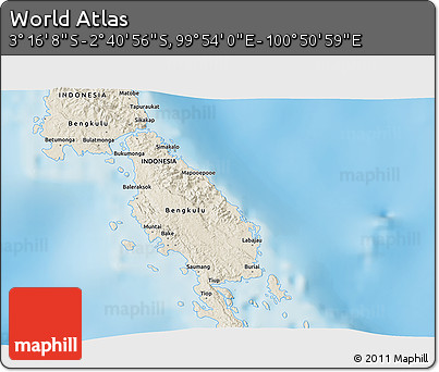 Shaded Relief 3D Map of the Area around 2° 58' 32" S, 100° 22' 30" E
