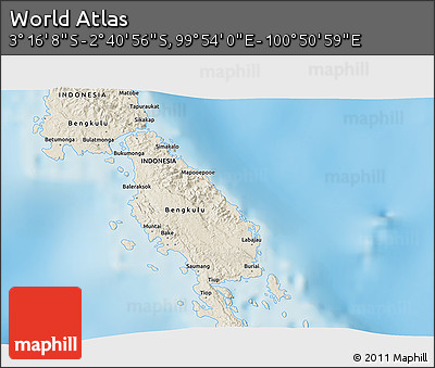 Shaded Relief 3D Map of the Area around 2° 58' 32" S, 100° 22' 30" E
