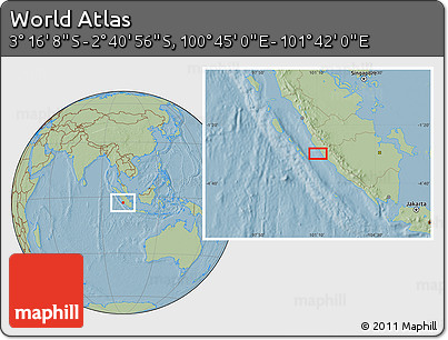 Savanna Style Location Map of the Area around 2° 58' 32" S, 101° 13' 29" E, hill shading