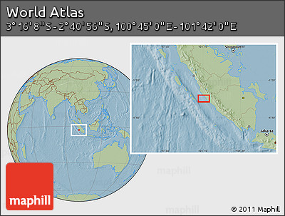 Savanna Style Location Map of the Area around 2° 58' 32" S, 101° 13' 29" E, hill shading