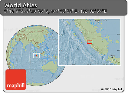 Savanna Style Location Map of the Area around 2° 58' 32" S, 102° 4' 29" E, hill shading