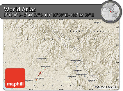 Shaded Relief Map of the Area around 2° 58' 32" S, 102° 4' 29" E