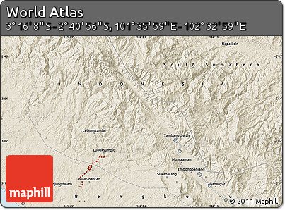 Shaded Relief Map of the Area around 2° 58' 32" S, 102° 4' 29" E