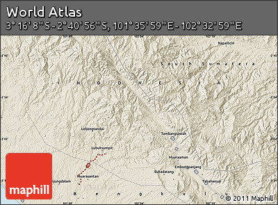 Shaded Relief Map of the Area around 2° 58' 32" S, 102° 4' 29" E