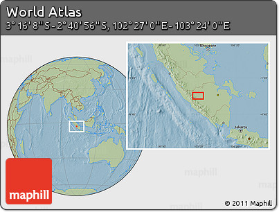 Savanna Style Location Map of the Area around 2° 58' 32" S, 102° 55' 30" E, hill shading