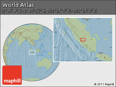 Savanna Style Location Map of the Area around 2° 58' 32" S, 102° 55' 30" E, hill shading