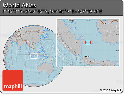 Gray Location Map of the Area around 2° 58' 32" S, 107° 10' 30" E, hill shading