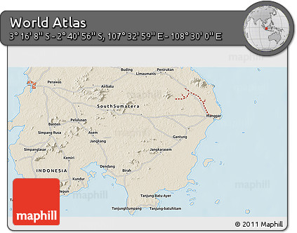 Shaded Relief 3D Map of the Area around 2° 58' 32" S, 108° 1' 30" E