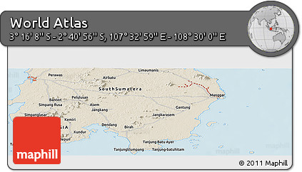 Shaded Relief Panoramic Map of the Area around 2° 58' 32" S, 108° 1' 30" E