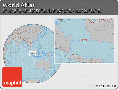 Gray Location Map of the Area around 2° 58' 32" S, 108° 52' 30" E, hill shading