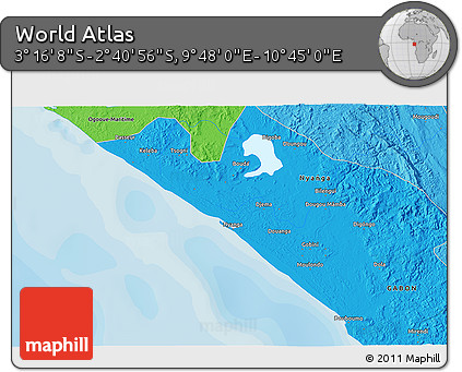 Political 3D Map of the Area around 2° 58' 32" S, 10° 16' 30" E