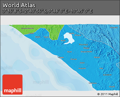 Political 3D Map of the Area around 2° 58' 32" S, 10° 16' 30" E