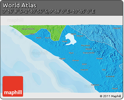 Political 3D Map of the Area around 2° 58' 32" S, 10° 16' 30" E