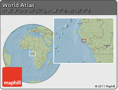 Savanna Style Location Map of the Area around 2° 58' 32" S, 10° 16' 30" E, hill shading