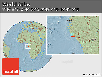 Savanna Style Location Map of the Area around 2° 58' 32" S, 10° 16' 30" E, hill shading