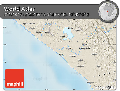 Shaded Relief Map of the Area around 2° 58' 32" S, 10° 16' 30" E