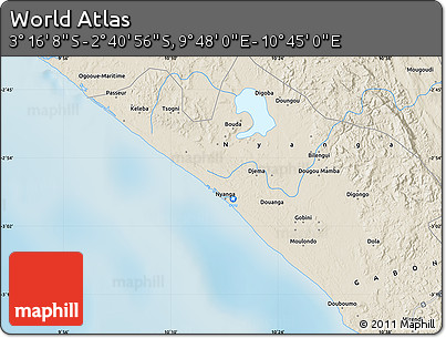 Shaded Relief Map of the Area around 2° 58' 32" S, 10° 16' 30" E